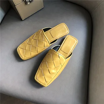 

2020 Women Slippers Designers Weave Leather Square Toe Casual Slides Shoes Outside Woman Flat Yellow Mules Brand Summer Sandals