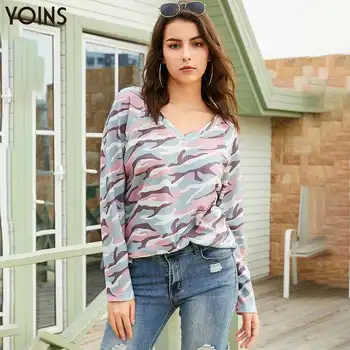

YOINS Pink Camo Print Deep V Neck Long Sleeves Blouses 2020 Stylish Women Shirts Female Casual Tops Spring Autumn Winter Blusas