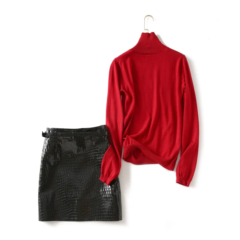 

A Generation of Zebra High Collar Slim Fit Versatile Sweater + Snakeskin Print Belt Short Skirt Leather Skirt Skirt Entity