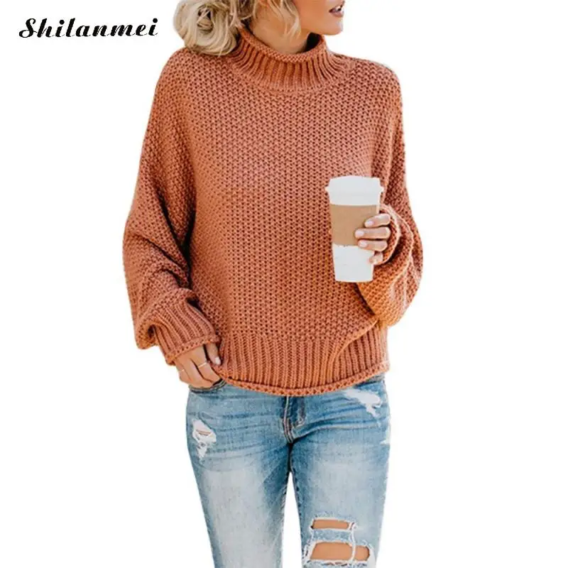 Бежевый элегантный женский свитер-пуловер Осень Зима теплые свободные пуловеры вязание сплошной Повседневный водолазка вязаный женский - Цвет: brick red