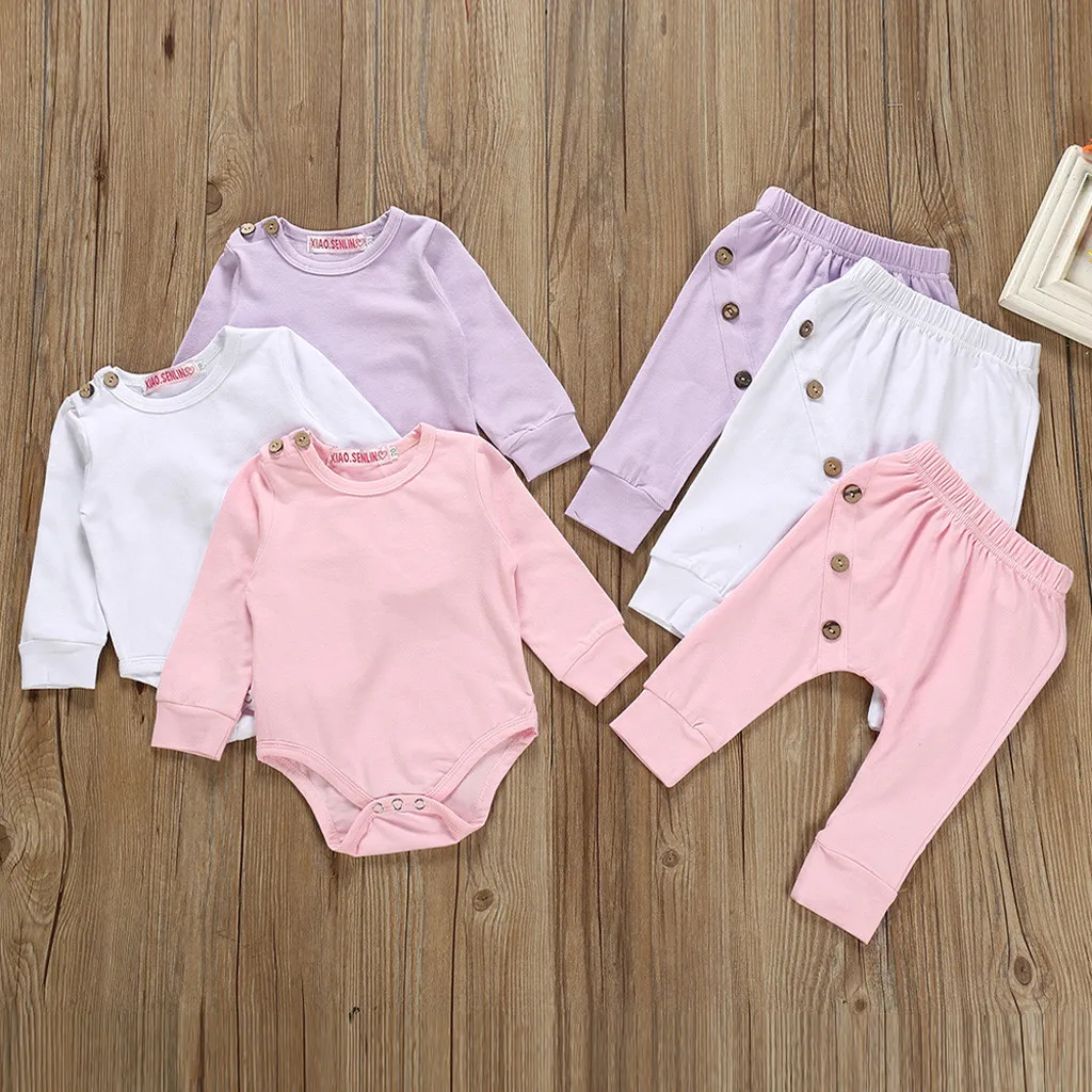 

Toddler Kids Baby Boy Girls Soild Long Sleeve Romper Bodysuit + Botton Long Elastic Pants Outfits Sets Baby Spring Clothes 2019