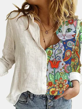 Lovely Cat Printed Polyester White Shirt Women Autumn Lapel Long Sleeves Single Breasted Blouses Female