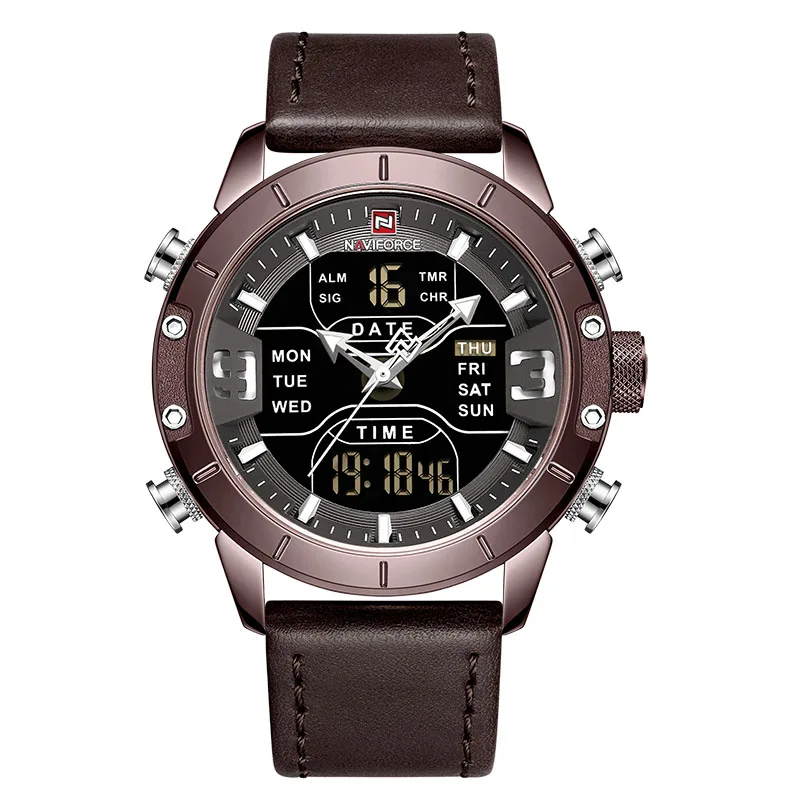 Coffee Люксовый бренд NAVIFORCE мужские часы светодиодный цифровой водонепроницаемый часы модные кварцевые часы мужские военные наручные часы Relogio Masculino - Цвет: Coffee
