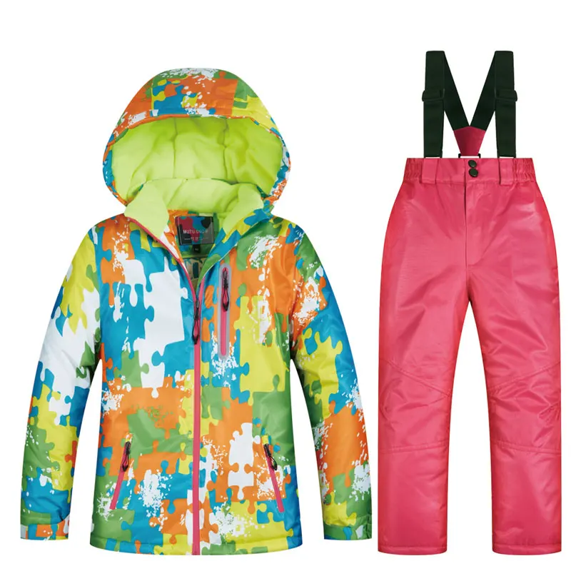 Детский лыжный костюм высокого качества; детская ветрозащитная Водонепроницаемая яркая куртка для мальчиков и девочек; зимняя куртка для сноуборда и брюки; зимнее платье - Цвет: RL AND PINK