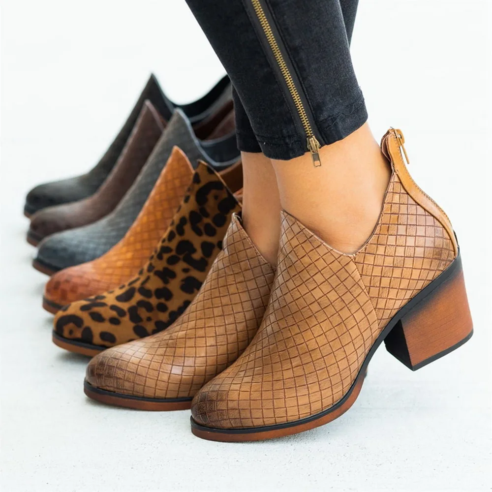 HEFLASHOR/женские ботильоны короткие ботинки женские ботинки без застежки из искусственной кожи на низком массивном каблуке, с клетчатым леопардовым узором, на молнии женская обувь