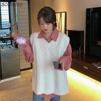 

Sweater Vest Women Solid V-neck Knitting Korean Style Sleeveless Outwear Hot Sale Spring Casual Vintage Streetwear Womens Trendy