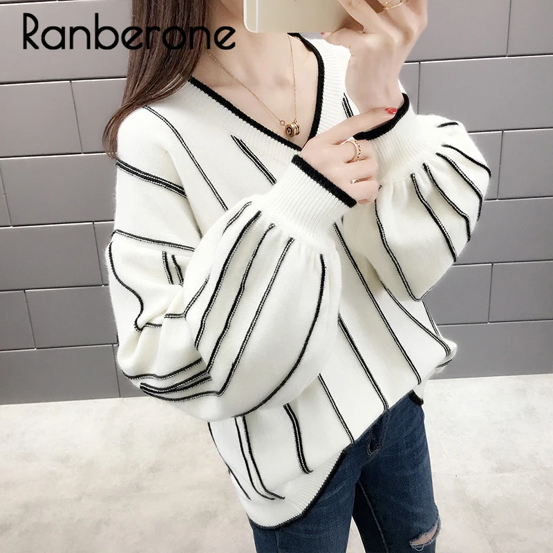 Ranberone Autumn Winter Women Knitted Sweaters Pullovers Loose Wild Fashion V Neck Striped Pullover Patch Pull Femme Lady Top Ranberone Autumn Winter Women Knitted Sweaters Pullovers Loose Wild Fashion V Neck Striped Pullover Patch Pull Femme Lady Top