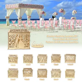 

New Wooden Box Wedding Supplies DIY Couple Deer Bird Flower Pattern Grid Business Card Wooden Box Party Supplies Home Decor