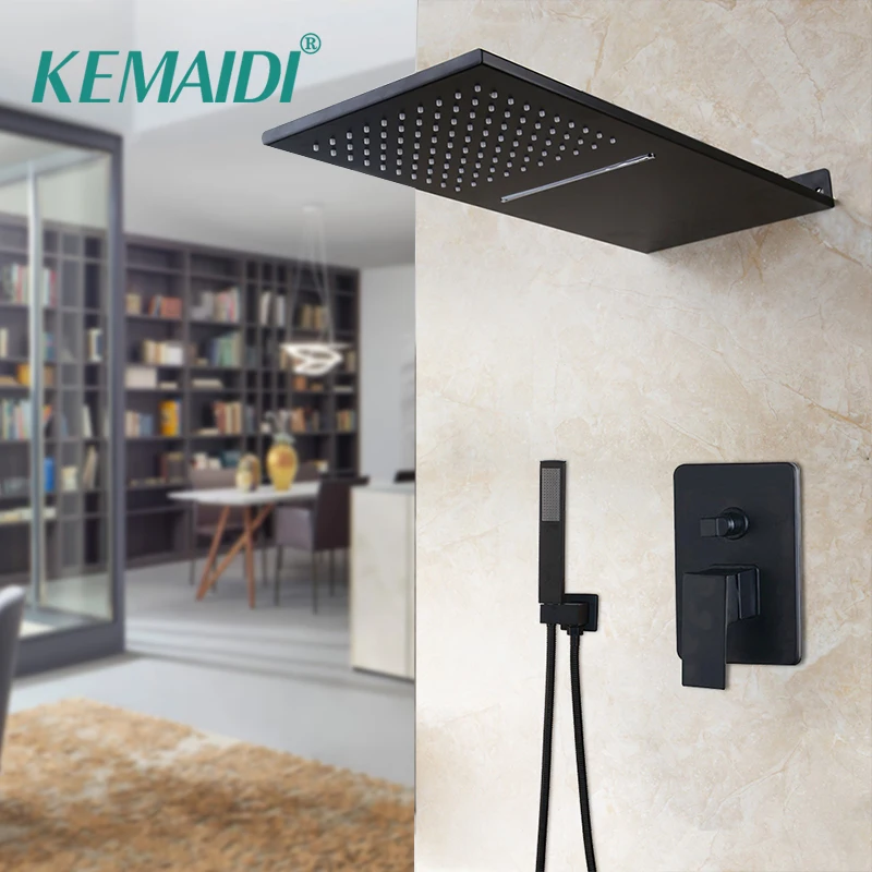 

KEMAIDI Black Paint Solid Brass Wall Mounted Rainfall Shower Faucet Rainfall & Waterfall Shower Head Shower Faucet Set Control