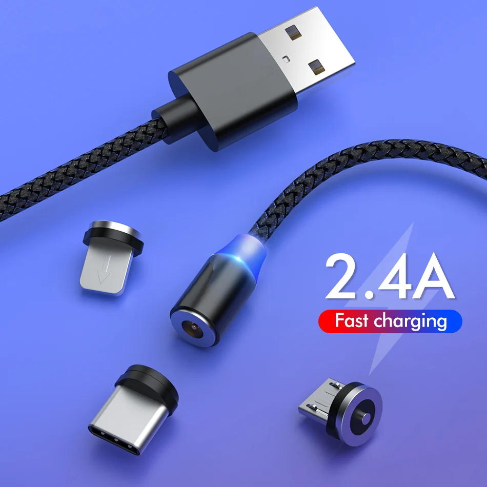 Magnetic USB Cable 2M 2.4A Micro USB Type C LED Lighting Cable Magnet USB Tape C Cabo for iPhone Samsung Xiaomi Charger Cable