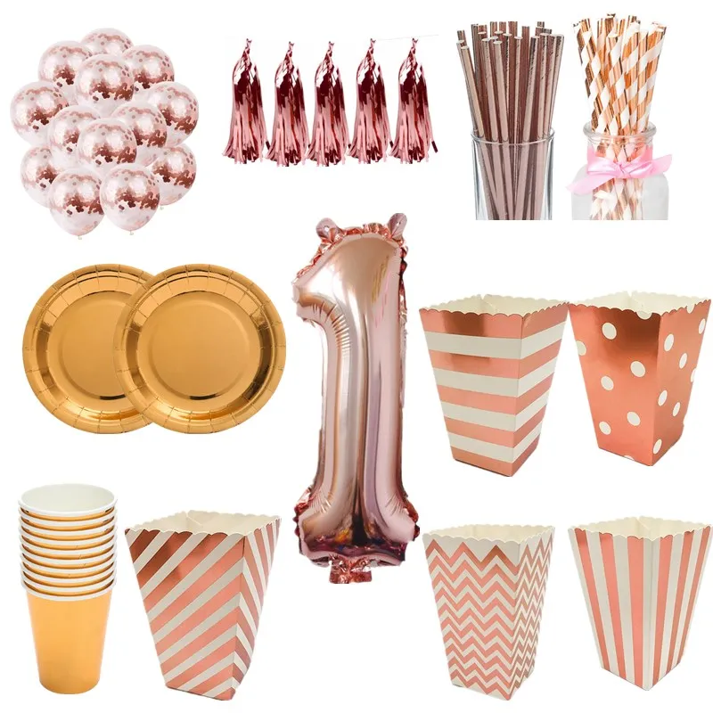 Вечерние одноразовые столовые приборы набор розово-золотой бумажный стаканчик, тарелка принадлежности для соломинок для детей день рождения Декор для детского душа вечерние принадлежности