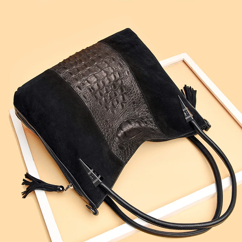 Роскошная сумка с узором «крокодиловая кожа», женская сумка на плечо, дизайнерская сумка из нубука, женская черная сумка, двойная молния, кисточка, сумка через плечо