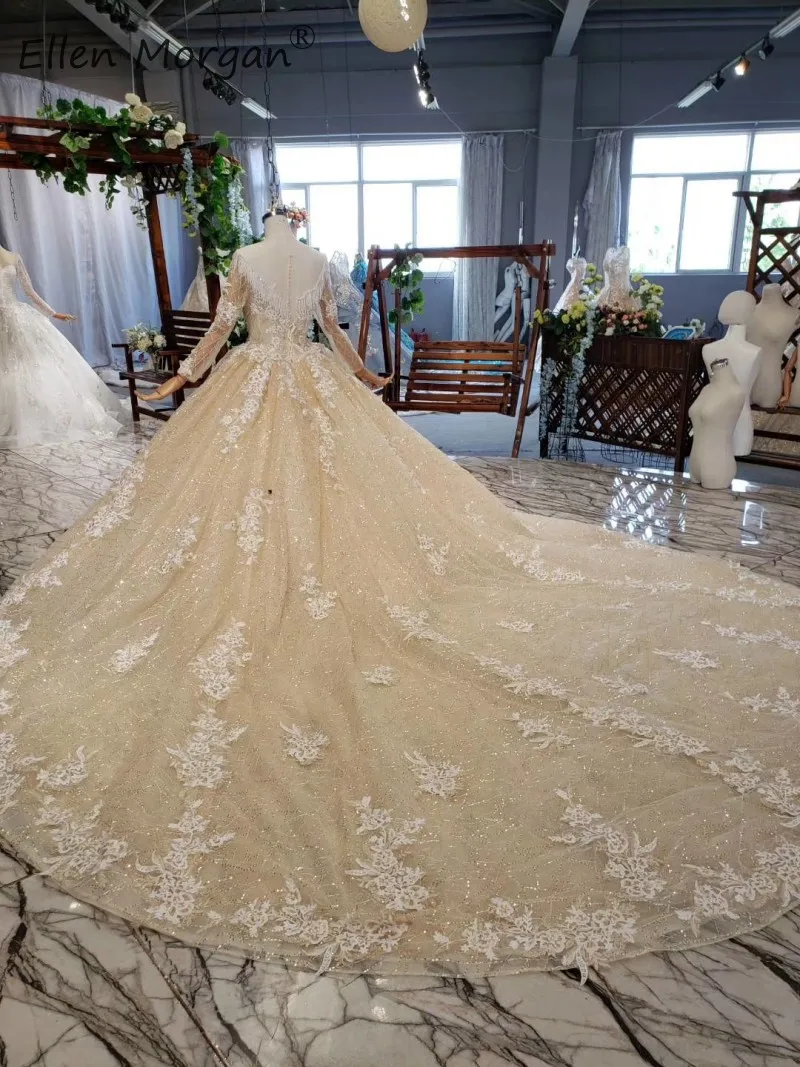 Vestidos De Novia Роскошные Блестящие Свадебные платья 2019 кружева длинный рукав с вырезом и аппликацией бусинки блестки формальные Бальные платья