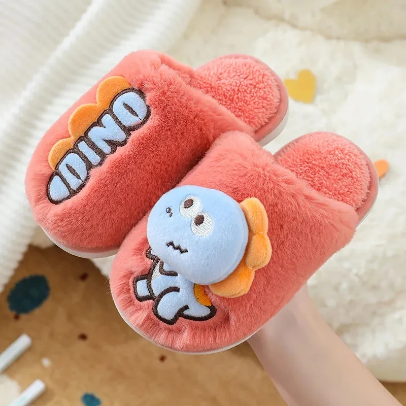 bata children's sandals New Cute Little Dinosaur Baby Slippers Winter Warm Kids Furry Cotton Slippers Boys Girls Soft Anti-Slip Home Slipper Comfort best leather shoes Children's Shoes