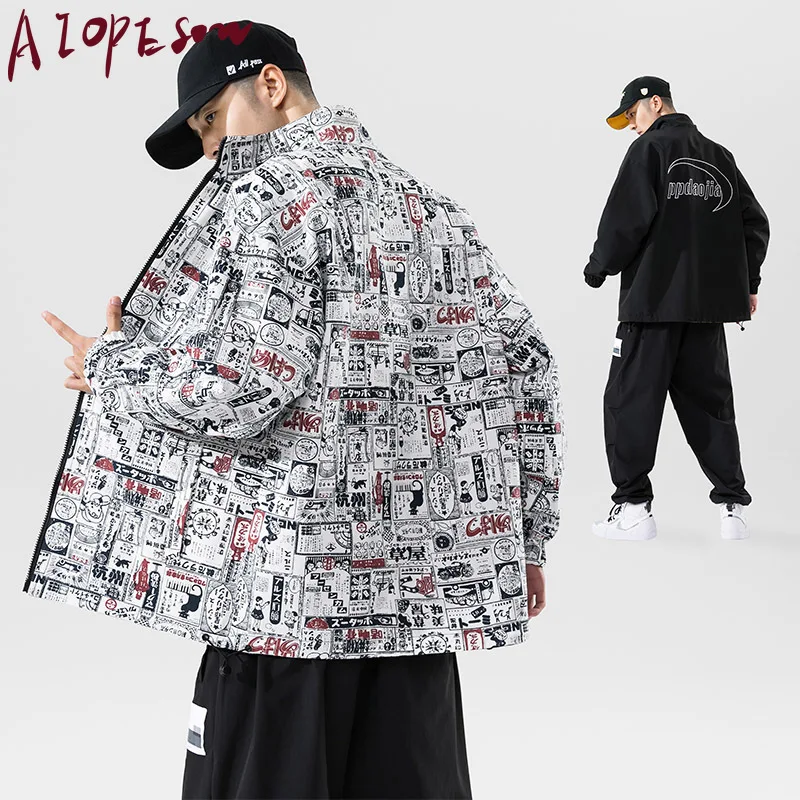 

AIOPESON 2020 New Wear on Both Sides Men's Jacket Casual Loose Stand Collar Printing Jackets Men Autumn Large Size Mens Jacket