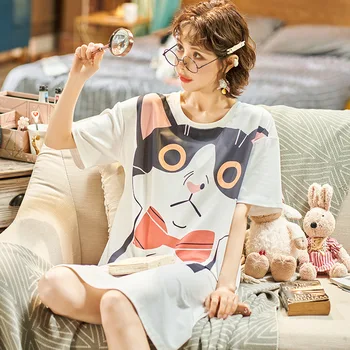 

Summer Cute Kimono Bathrobe Gown Casual Cotton Women Nightdress Cartoon Soft Mid-calf Sleepwear Nightgown Home Clothes PLUS SIZE