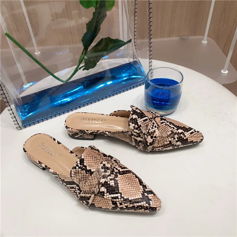 Snake Mules Shoes Women Flat Slippers Unicorn Animal Printed Pointed Toe Ladies Slip On Classic Summer Loafers Open Back