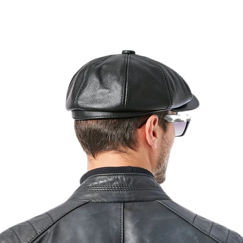 Hats Men Winter 100% Genuine Leather Warm Cap Male Beret Painter Boina Cowhide Octagonal Casquette Streetwear beret hat,woolen beret