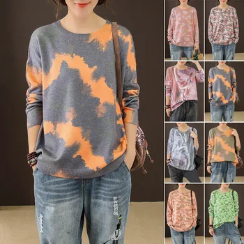 

High Women Sweater Knit Long Sleeve Loose Fit Round Neck Pullover Pattern Print Autumn Winter Top DSM