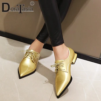 

DORATASIA Fashion Lady Spring Low Heel Pumps Pointed Toe Brand Casual Office Pumps Women Metallic Silver Lace Up Shoes Woman