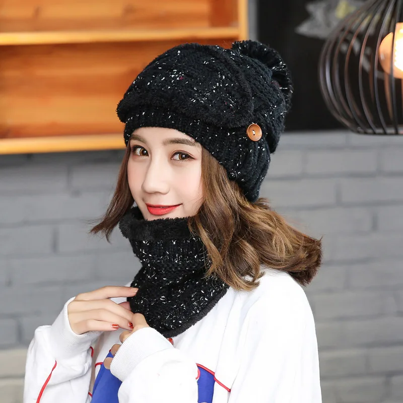 Black 3pcs Женская шапка шарф Комплект масок утолщенная теплая женская уличная ветрозащитный для езды ушной лоскут вязаная шапка плюшевая шапочка с помпоном осень зима - Цвет: Black 3pcs