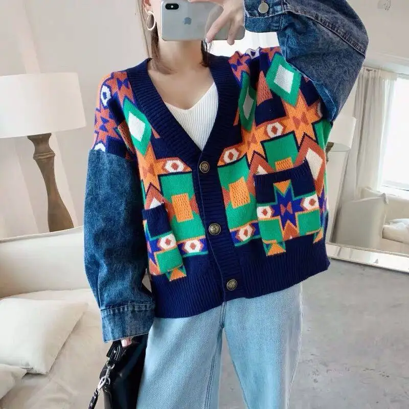 Spring Woman Sweater Knitting 2020 New Girl V-neck Stitching denim Long Sleeve Cardigan Colorful pattern Printed Sweater Winter Spring Woman Sweater Knitting 2020 New Girl V-neck Stitching denim Long Sleeve Cardigan Colorful pattern Printed Sweater Winter