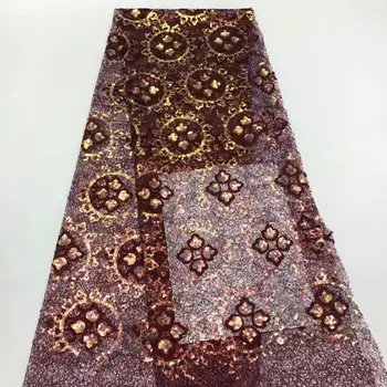 

Latest sequins Embroidery Tulle Lace Fabric High Quality red French Milk Silk Lace Fabric With Sequins 5 Yards FRF328