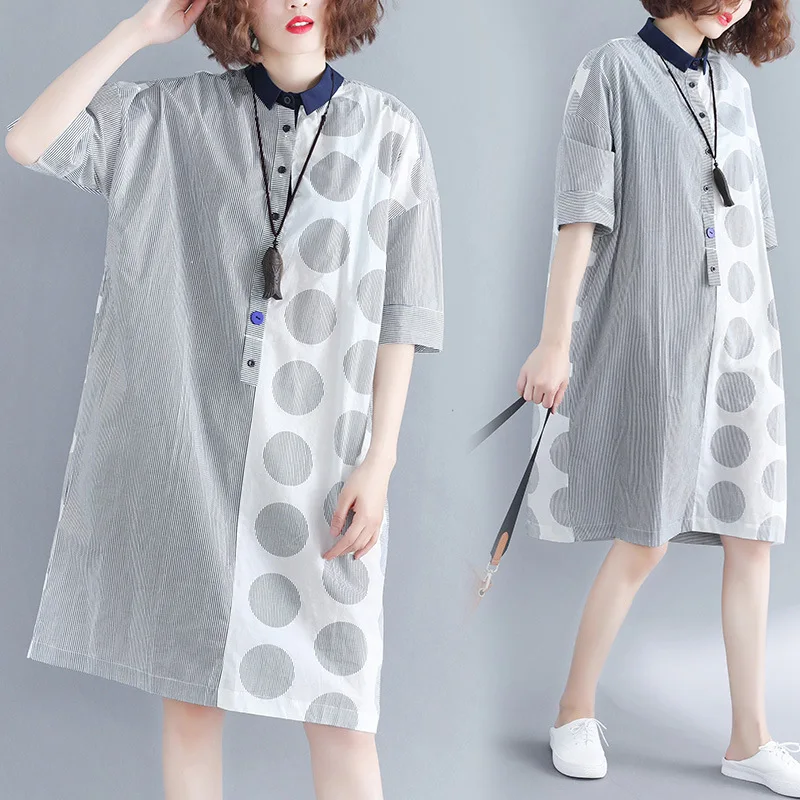 

Polka Dot Joint Contrast Color Shirt Dress Spring And Summer New Style Fat Mm Loose-Fit Stand Collar Tops Large Size Slimming We