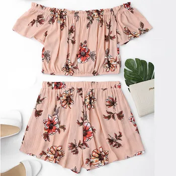 

Casual Two Piece Set Women Off Shoulder Printed Beachwear Crop Tops Lingerie Set Cami Top and Shorts Sleep Wear Sexy Pijama Muje
