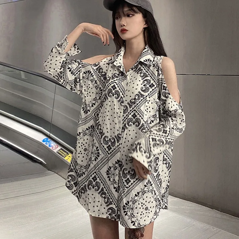 Autumn Women's Off-shoulder Blouses Niche Design Sense Printing Long Sleeve Loose Shirt Tops 6