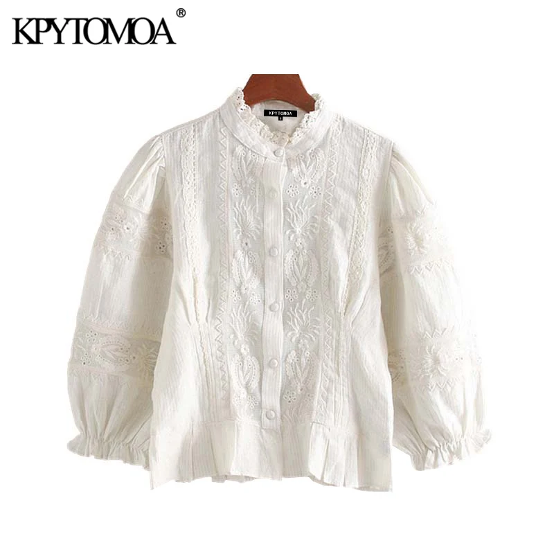 Vintage Sweet Hollow Out Embroidery Blouses Women 2020 Fashion Ruffled Collar Three Quarter Sleeve Female Shirts Blusa Chic Tops Vintage Sweet Hollow Out Embroidery Blouses Women 2020 Fashion Ruffled Collar Three Quarter Sleeve Female Shirts Blusa Chic Tops