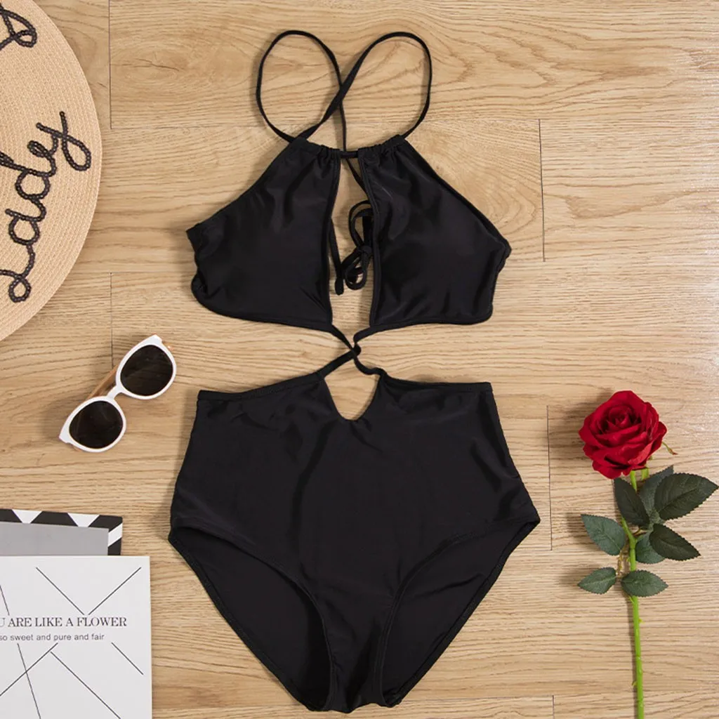 1pc Off-shoulder Top Ruffle +haigh waist Soild black Monokini Swimjupmsuit Irreqular Hollow out Swimsuit Tankini Padded Swimwear |