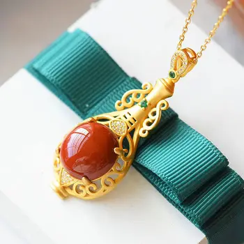 

New silver inlaid natural south red vase Pendant Necklace Chinese style retro unique sand gold craft charm women's brand jewelry
