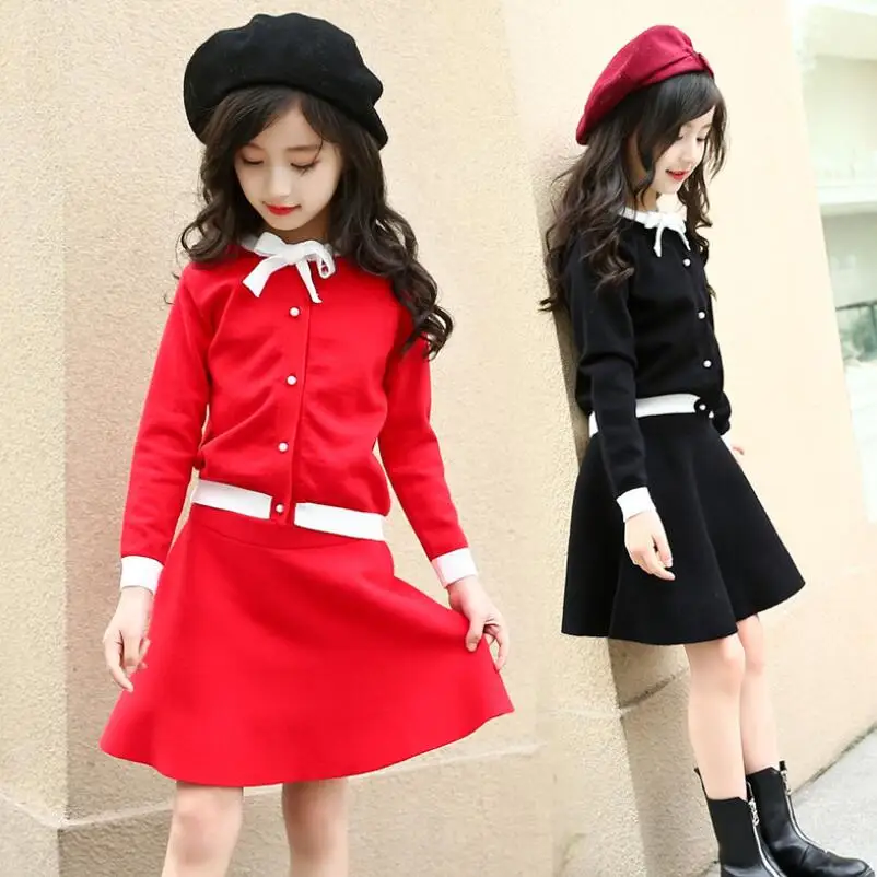 

2019 Fall Baby Toddler School Girls Clothing Sets Knit Bow Sweaters Cardigan+Skirt 2 Pc Suit Childrens Kids girl Clothes Set