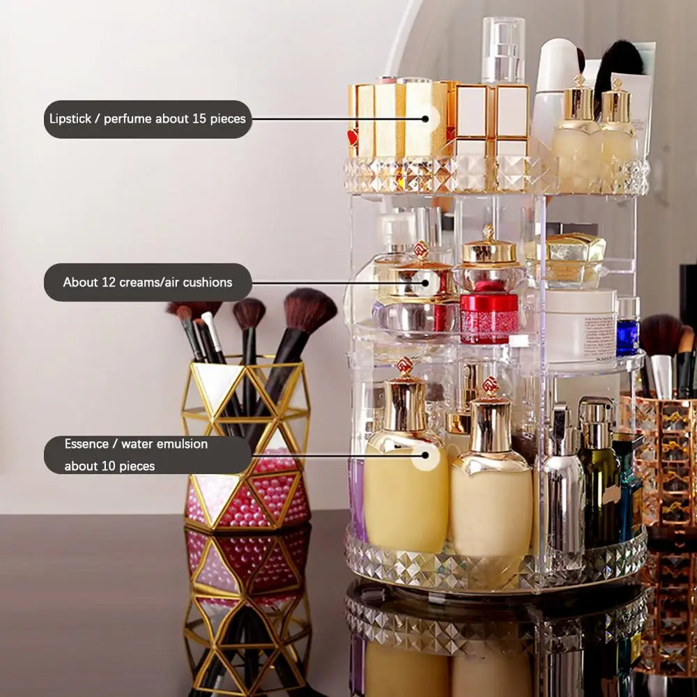 360 Degree Rotating Cosmetic Storage Box Makeup Organizer Cosmetics Storage Rack Fashion Crystal Shelf Display Stand High Holder 360 Degree Rotating Cosmetic Storage Box Makeup Organizer Cosmetics Storage Rack Fashion Crystal Shelf Display Stand High Holder