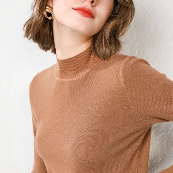 

Women's solid color half high collar solid color long sleeve knitted T-shirt 2020 red