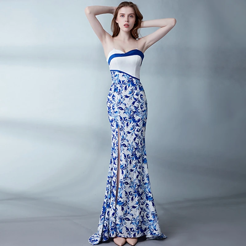 Синий и белый фарфор сексуальное улучшенное cheongsam длинный рыбий хвост китайский стиль девушка шоу Вечернее платье юбка достойная атмосфера