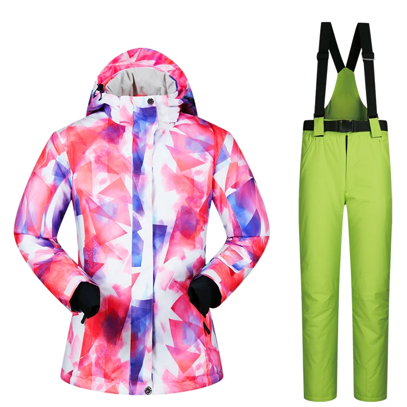 Толстый теплый лыжный костюм для женщин, водонепроницаемый ветрозащитный лыжный костюм и куртка для сноубординга, комплект со штанами, женские зимние костюмы, одежда для улицы - Цвет: CZH  GREEN