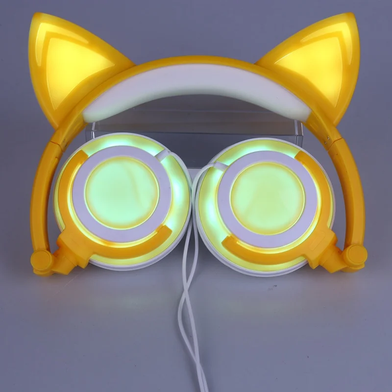 Новые складные светящиеся наушники с кошачьими ушками, милые Игровые наушники с светодиодный подсветкой для ПК, ноутбука, компьютера, смартфона S1 - Цвет: Цвет: желтый
