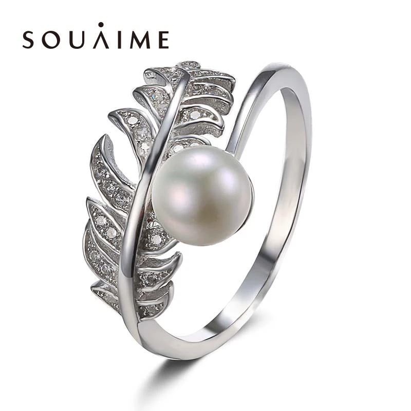 

925 sterling silver leaf ring opening adjustable female models Korean version of the new pearl ring
