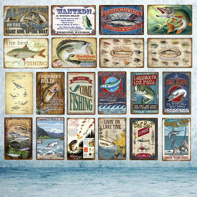 

Man Cave Fish Fishing Metal Tin Signs Seafood Fisherman Rules Poster Vintage Plaque Wall Sticker Pub Bar Home Outdoor Decor