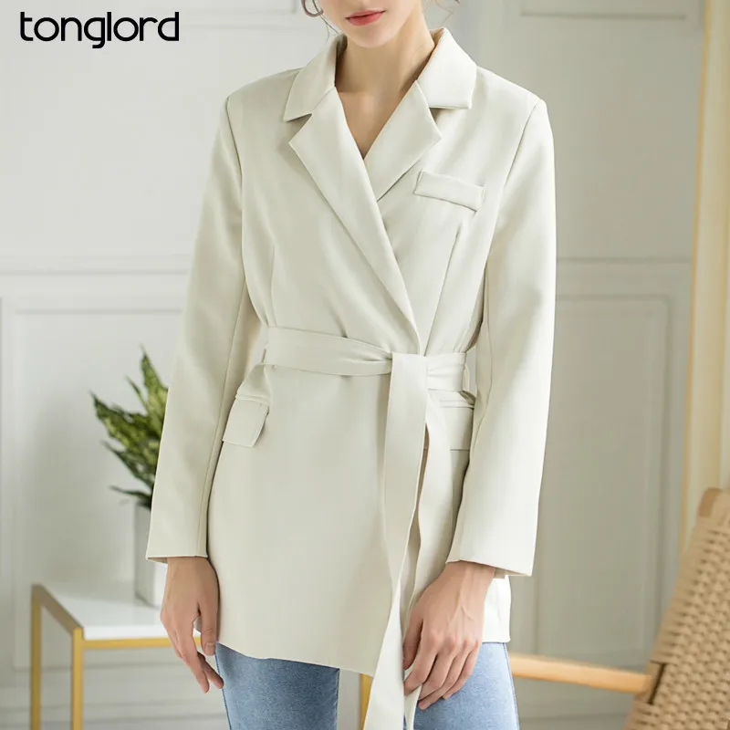 

Tonglord 2020 New Spring Autumn Women's Vintage Blazer with Belt Solid Casual Temperament Ins Thin Jacket Female Lace Up Blazers