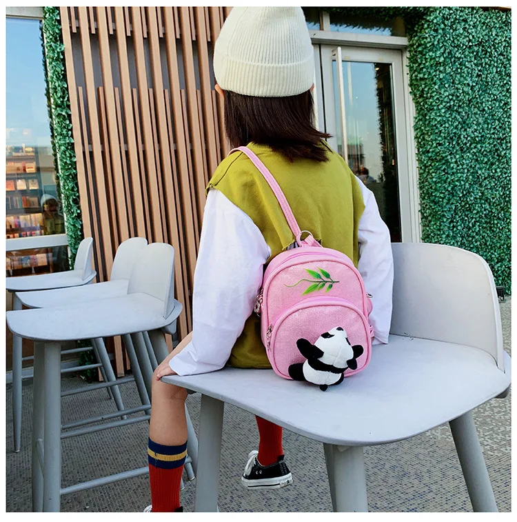 Mini PU leather Crossbody Bag for Little Girls Sequin Gillter School Handbags Teenagers Cute Panda Plush Backpack Pink Black Red (12)