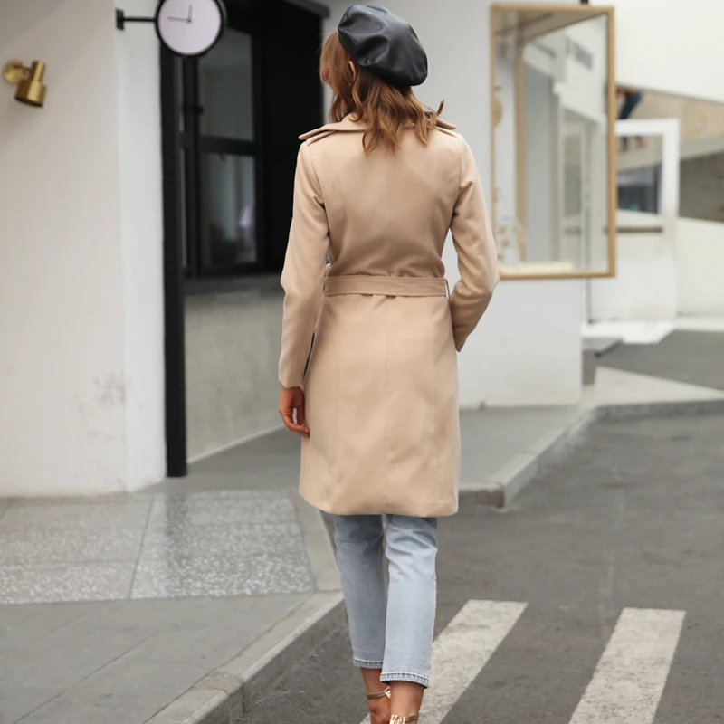 Simplee Vintage double breasted white trench coat for women Sashes slim long trench female Winter office solid trench dress