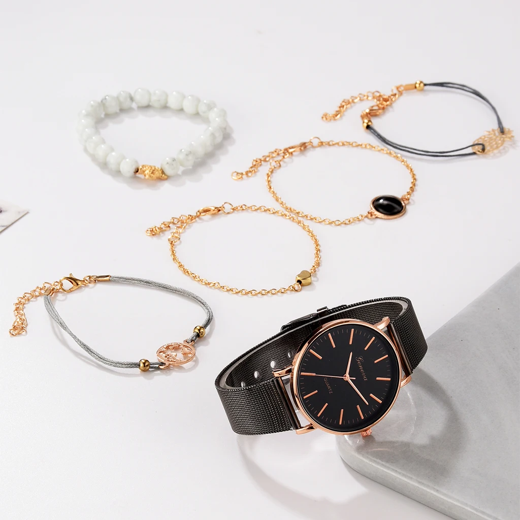 6 шт набор женские часы модные женские наручные часы роскошные женские часы женские браслет простые Reloj Mujer Часы Прямая