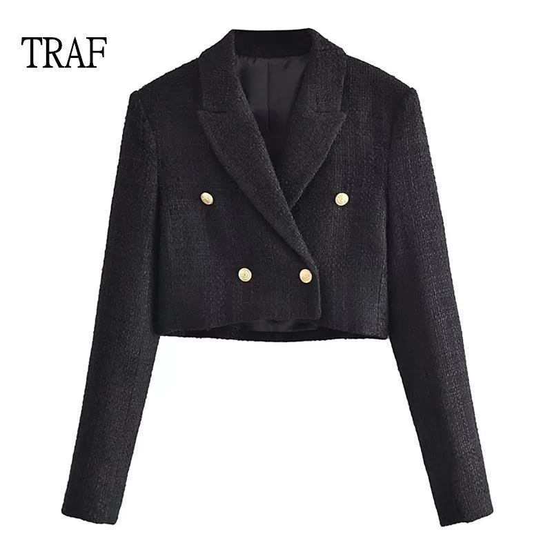 TRAF Women 2 Set Suit Blazer 2022 Vintage Texture Black Blazer Short ...