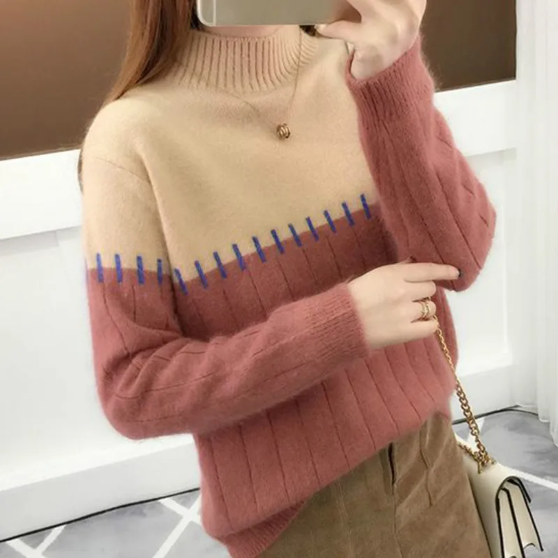 Plus velvet 4 Neploe вязаные свитеры женские корейские полувысокие свободные пуловеры с круглым вырезом короткие Лоскутные Pull Femme осень-зима 46722 - Цвет: Plus velvet 4