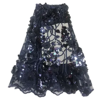 

Blue Latest African Tull Lace Fabrics High Quality beads Nigerian Net Lace Fabric with Sequins 3D Flower Lace for Women Dress