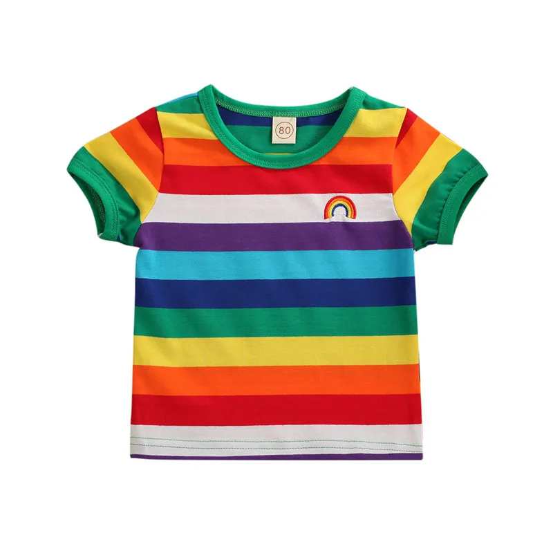 short sleeve 0 to 6M Футболка для малышей; Одежда для новорожденных; Повседневный пуловер с радугой для девочек; футболка; топы; платье в полоску - Цвет: short sleeve 0 to 6M