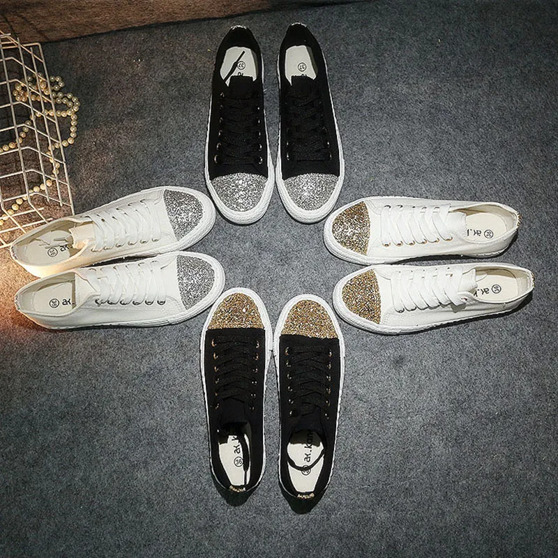 Women Sneakers 2020 Fashion Casual Vulcanized Shoes Women Lace Up Trainers Shoes Glitter Sneakers Tenis Feminino Canvas Shoes